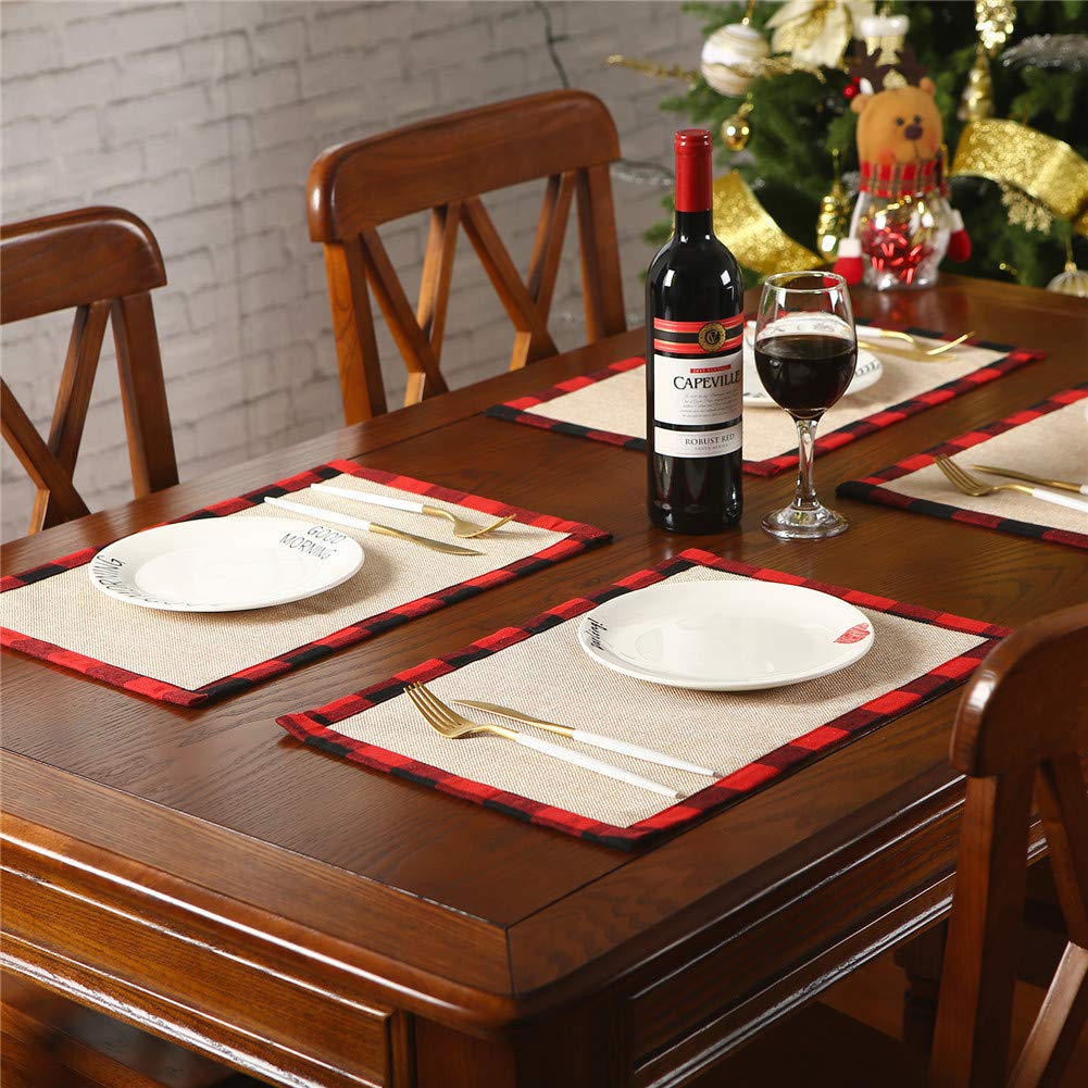 Christmas Buffalo Plaid Placemats Set of 4, Polyester & Burlap Reversible Red and Black Buffalo Check Place Mats Christmas Dining Table Decorations,12”x17”