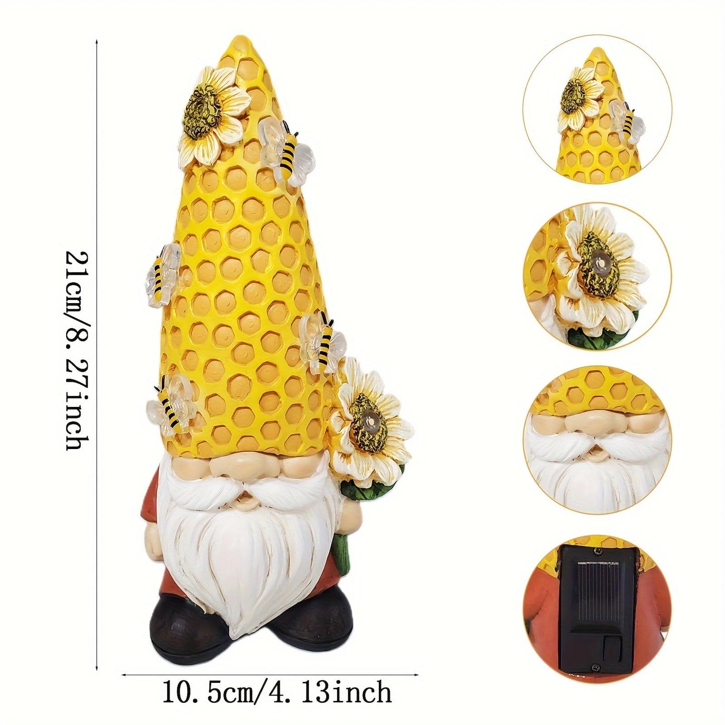 Garden Gnome Statue Solar Powered with Glowing Bees Sunflower Outdoor Funny Resin Figurine Decorations for Patio Yard Lawn Porch Housewarming Ornament Gift
