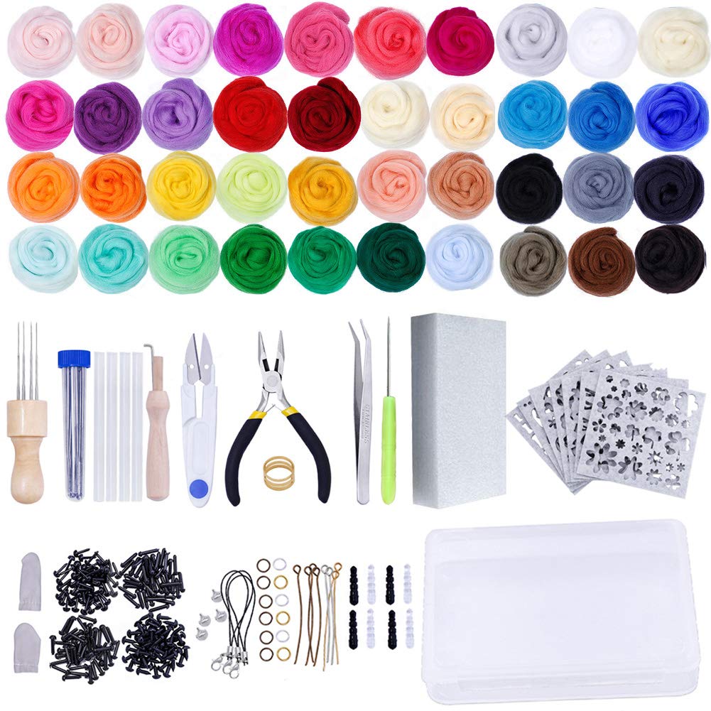 Needle Felting Kit Wool Roving 40 Colors Set,Felting Needle with Eight Needles Tool,Wool Felt Tools with Felting Tool Instruction Included for Felted Animal Needle Felting Supplies