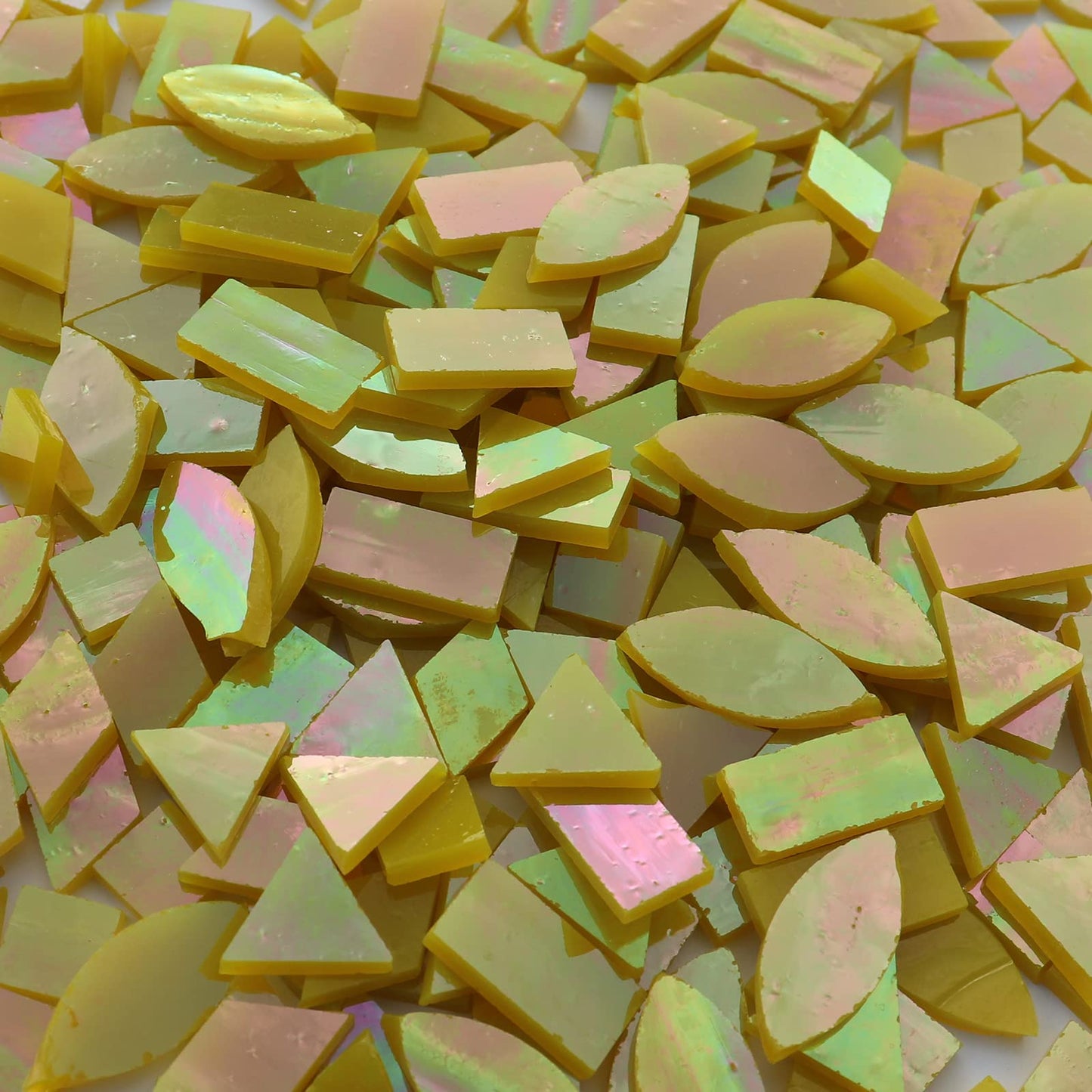 LITMIND Iridescent Glass Mosaic Tiles for Crafts, 240 Pieces 5 Shapes Mixed Yellow Stained Glass Pieces, Mosaic Kits for Adults (Iridescent Yellow)
