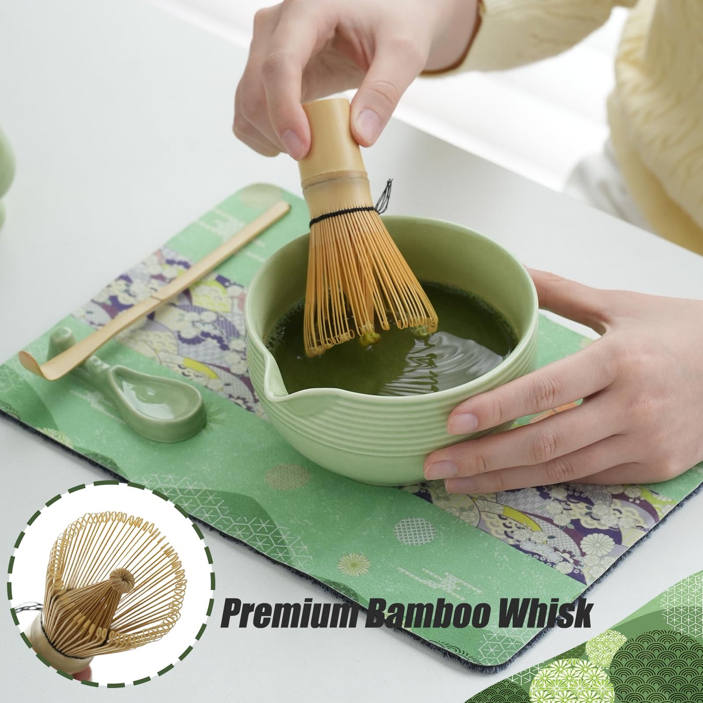 Matcha Whisk Set, Ceramic Matcha Set, Matcha Bowl with Spout and Whisk, 9 pcs Matcha Tea Kit for Matcha Lovers, Ideal Gift Christmas, Birthday (Green)
