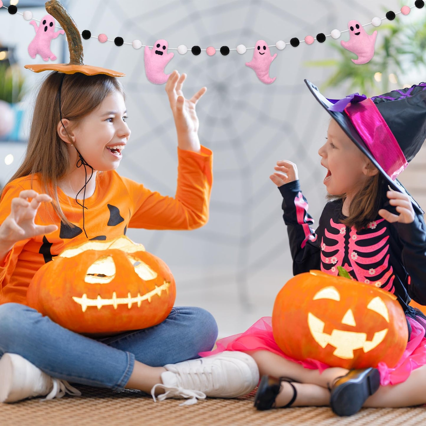 Whaline 6.6Ft Halloween Felt Banner Cute 3D Pink Ghost Hanging Garland Black Pink White Pom Ball Banner for Home Mantel Wall Window Decor Party Supplies
