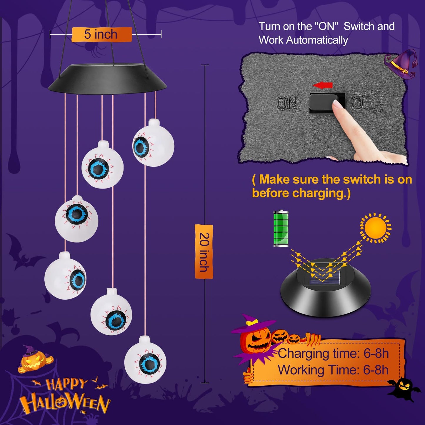 Winzwon Halloween Decorations Outside Solar Outdoor Lights Waterproof Eyeballs Wind Chimes for Party Yard Porch Patio Home Window Indoors Hanging Mobile Decor