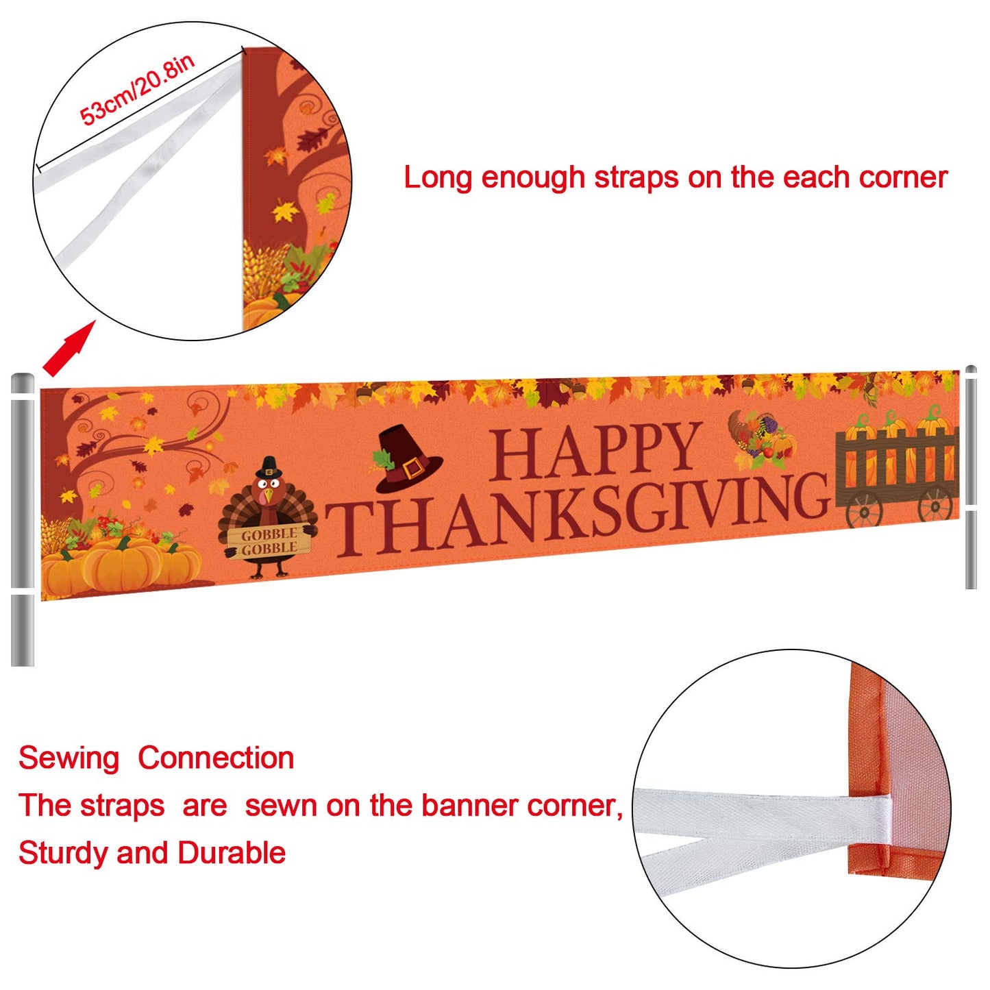 Large Happy Thanksgiving Banner, Thanksgiving Decorations, Fall Banner, Thanksgiving Turkey Maple Leaves Pumpkin Banner, Thanksgiving Party Outdoor & Indoor Decor Supplies (8.2 x 1.5 FT)