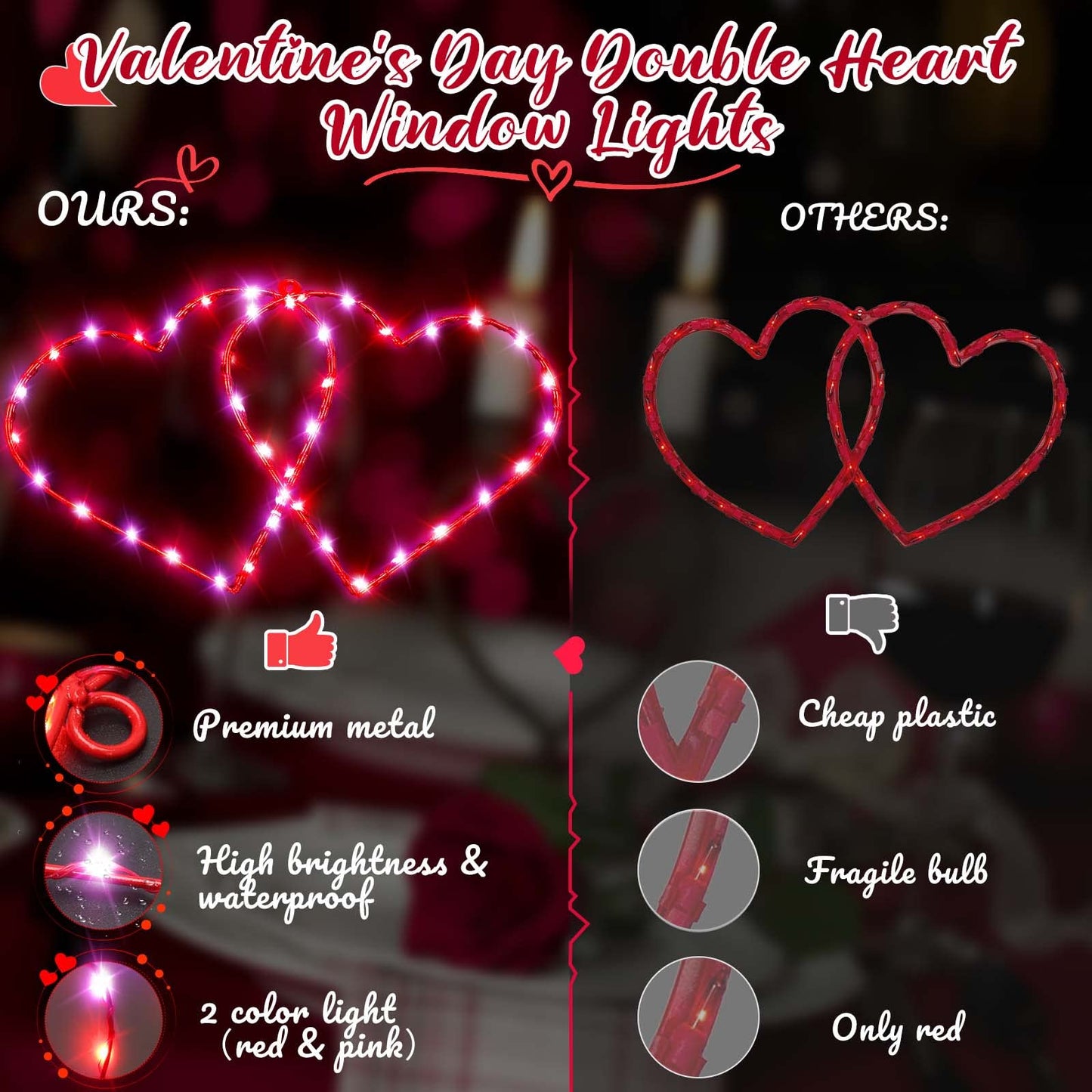Valentines Decor Double Heart Window Lights, 17" Red Pink Valentines Decorations Backdrop Silhouette Heart Lights with Remote, Valentines Wall Window Decoration for Home Bedroom