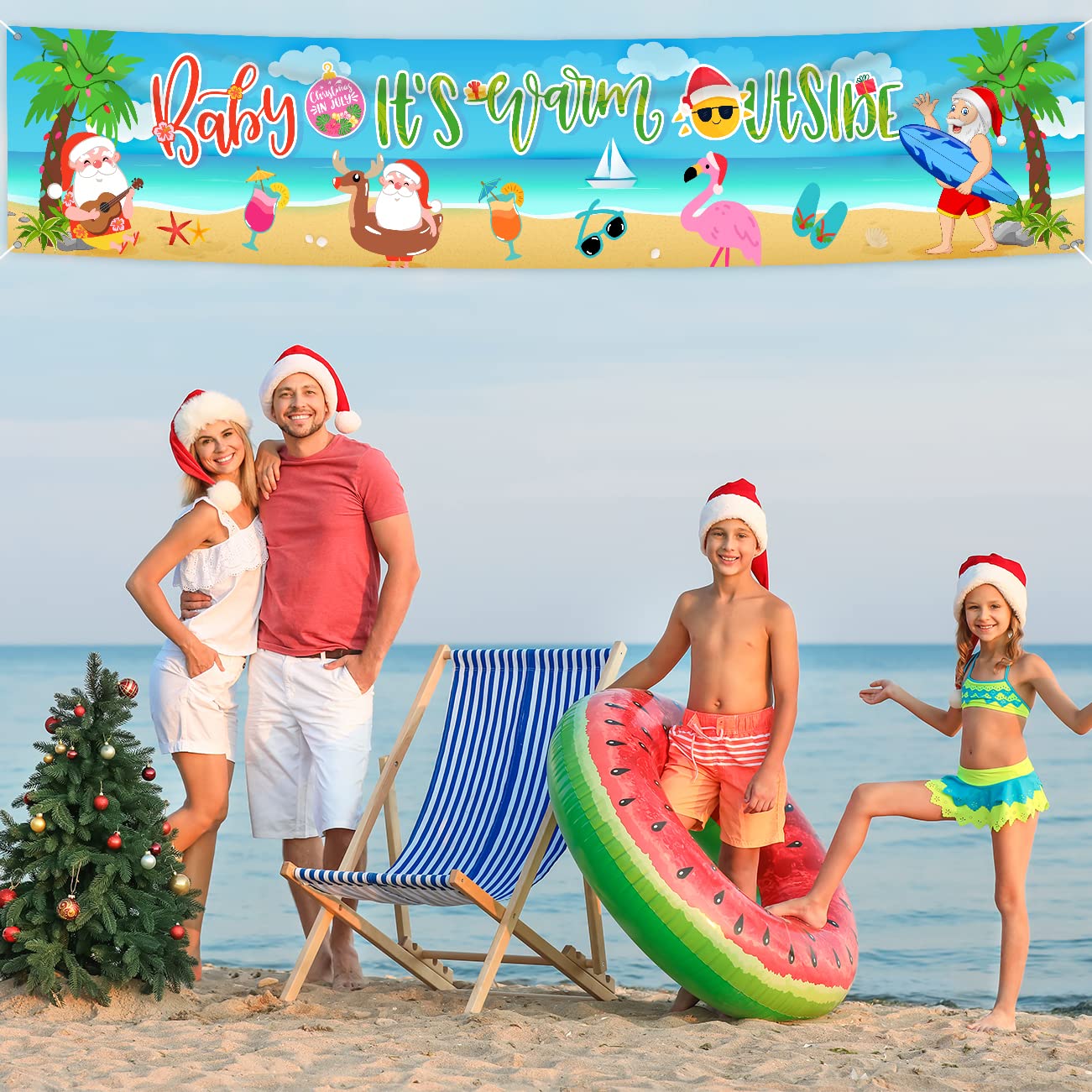 Christmas In July Decorations Baby It’s Warm Outside Banner Summer Christmas Yard Sign with Santa Claus, Beach and Flamingos for Hawaii Christmas Theme Supplies Indoor Outdoor Decorations
