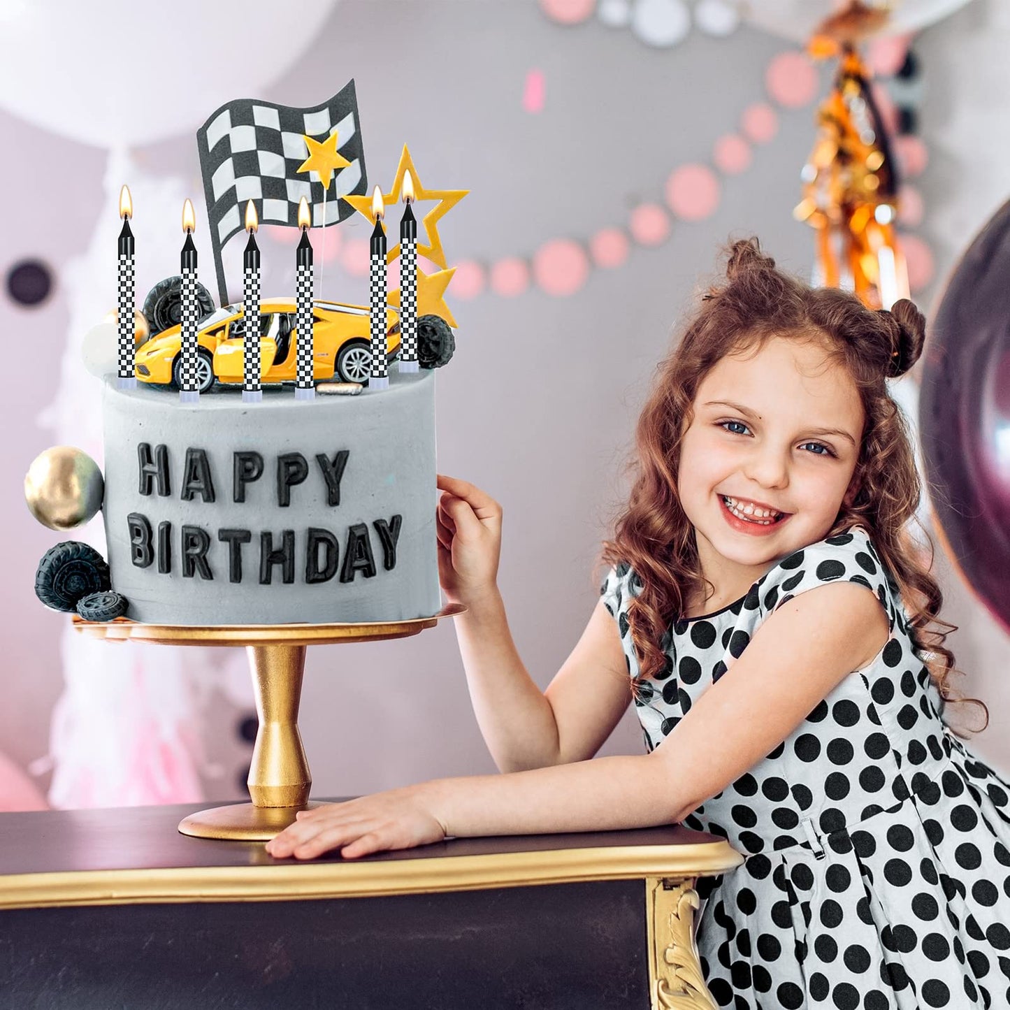 Cindeer 12 Pcs Racing Cars Themed Birthday Candles Black and White Checkered Flag Cupcake Topper for Racing Cars Party Decoration Baby Shower for Boys Children