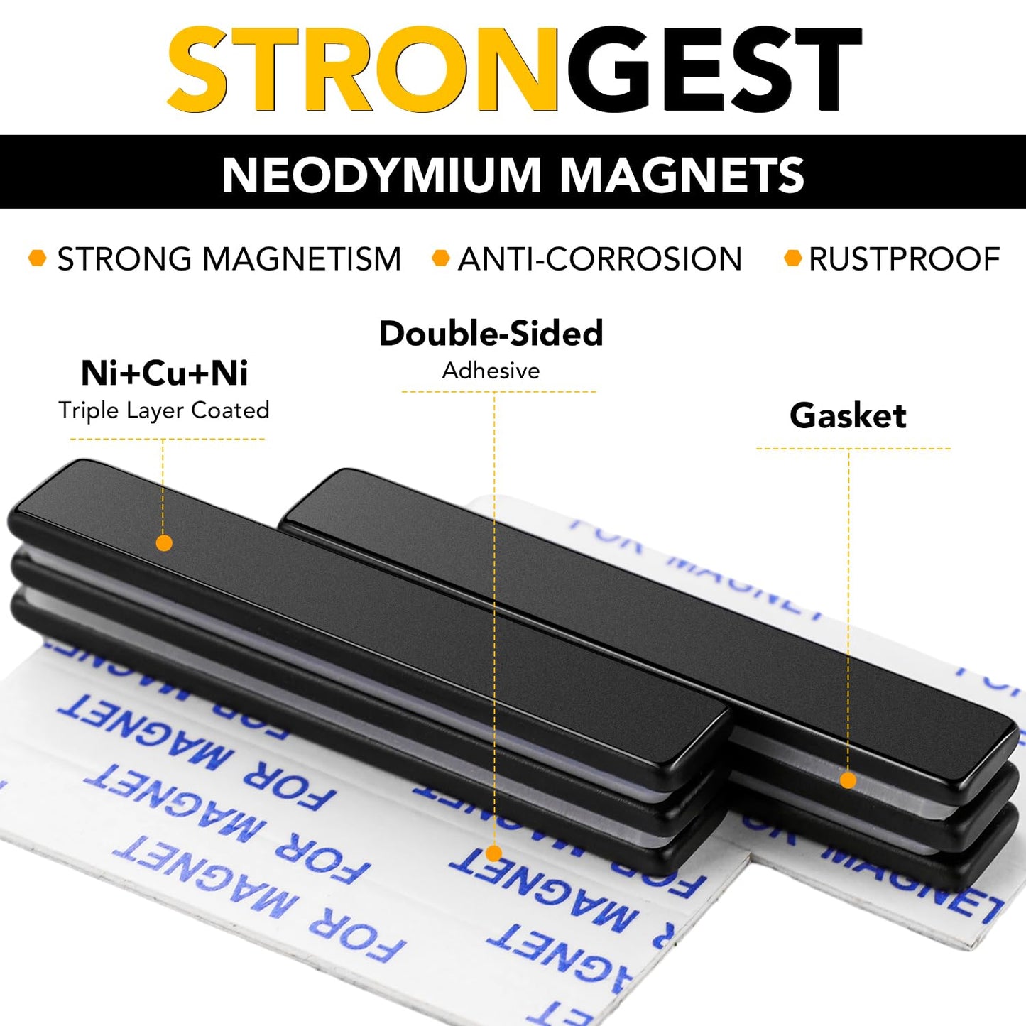 DIYMAG Neodymium Magnets, 12 Pack Strong Magnetic Bar with Double-Sided Adhensive Backing Heave Duty Rare Earth Magnet for Fridge, Classroom, Science and Craft - 2.36 x 0.39 x 0.12 in Black