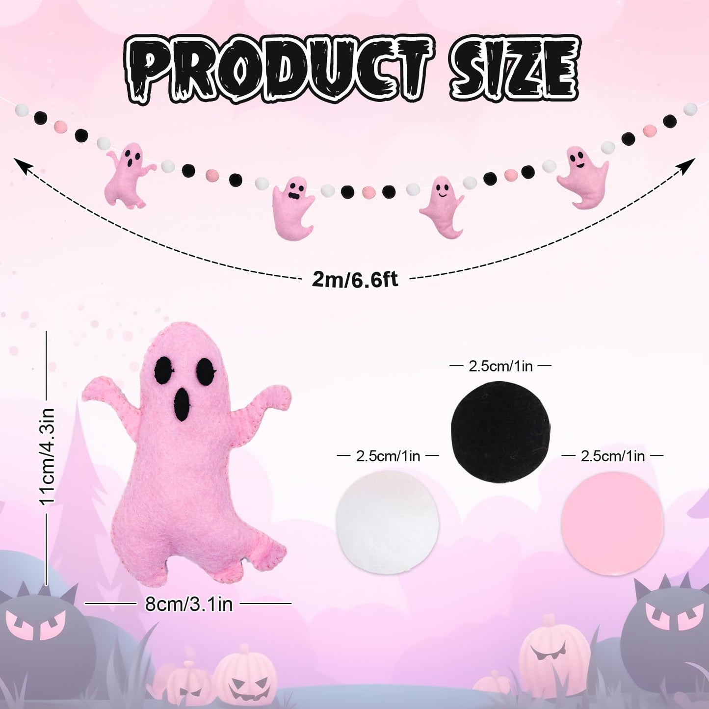Whaline 6.6Ft Halloween Felt Banner Cute 3D Pink Ghost Hanging Garland Black Pink White Pom Ball Banner for Home Mantel Wall Window Decor Party Supplies