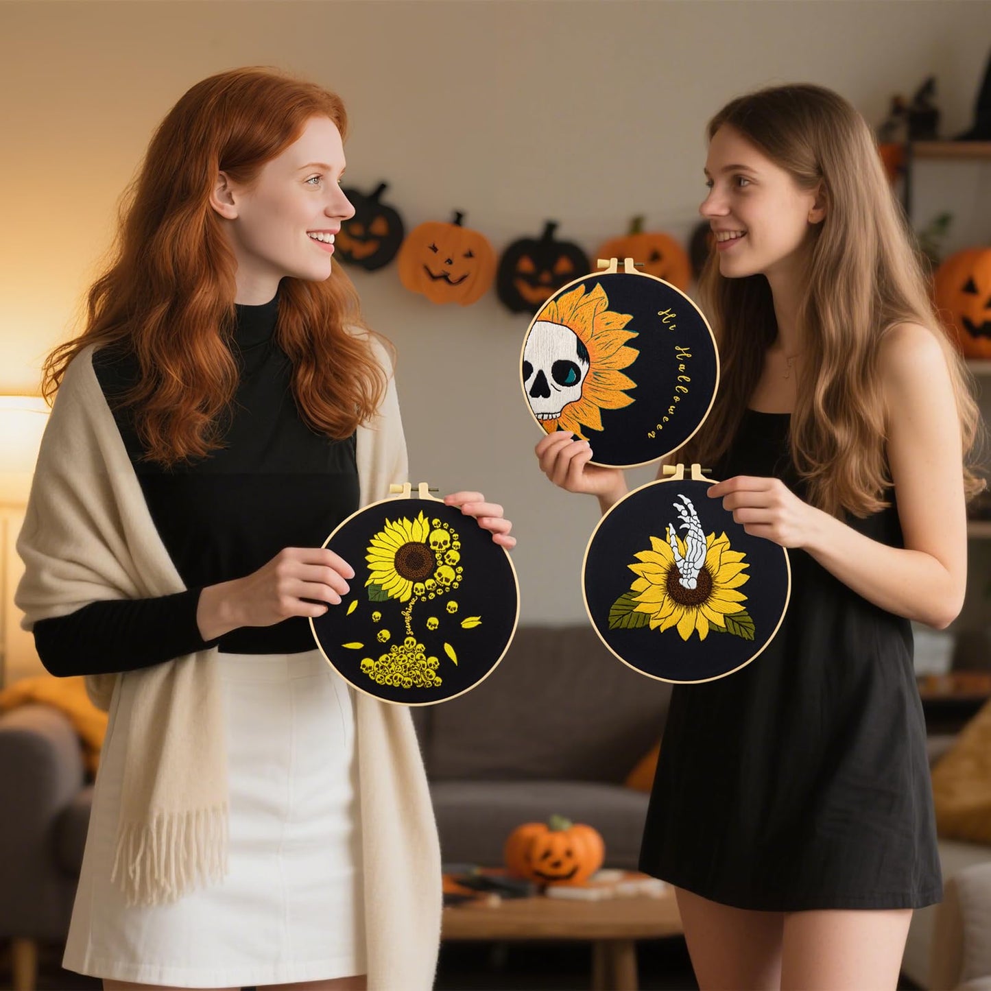 Halloween Gothic Embroidery Kits for Beginners Adults, Skull Hand Embroidery Needlepoint Kits, Sunflower Stamped Cross Stitch Kits for Beginners Adult, 3 Set Embroidery Hoops (Attached Video Tutorial)