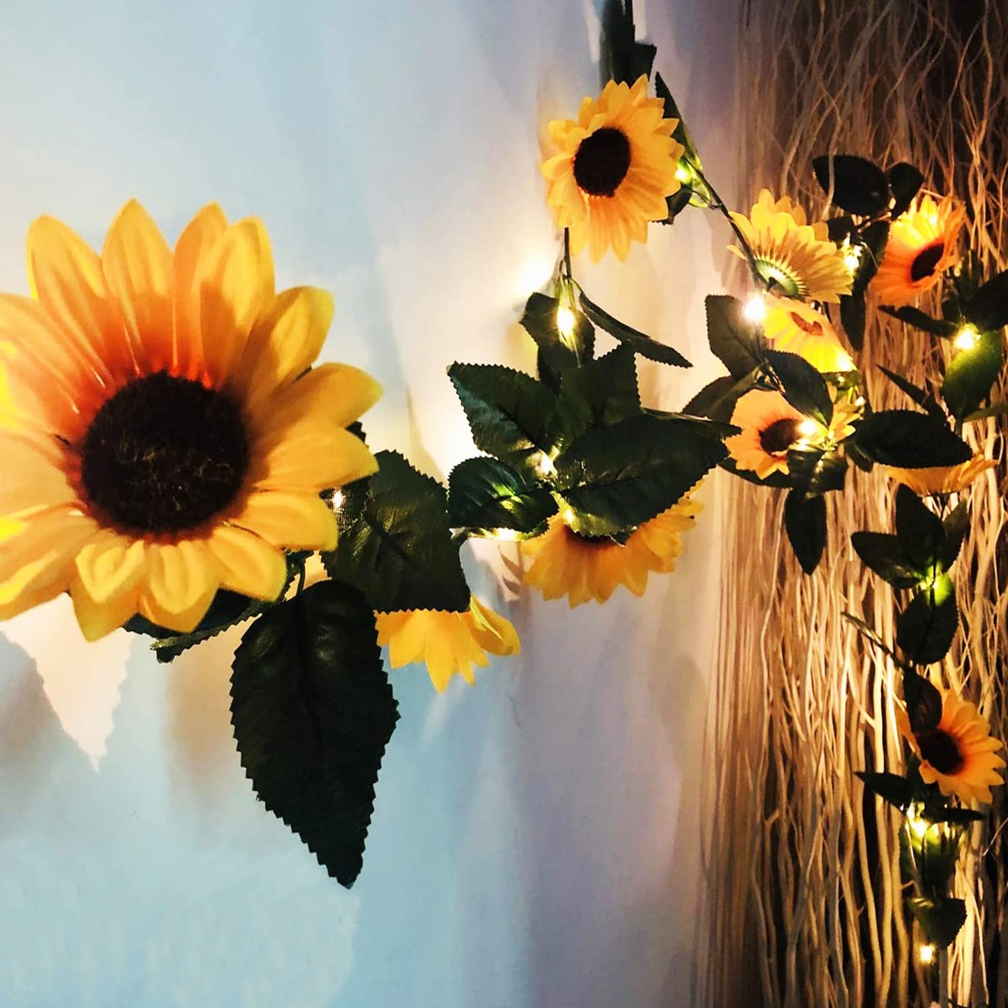 Artificial Sunflower Garland with Lights pre-lit Sunflower Decor 16.5FT Fake Vines Hanging Plants Flowers Garland Silk Yellow Flower Decor for Home Wedding Wall Bedroom Party Indoor Outdoor