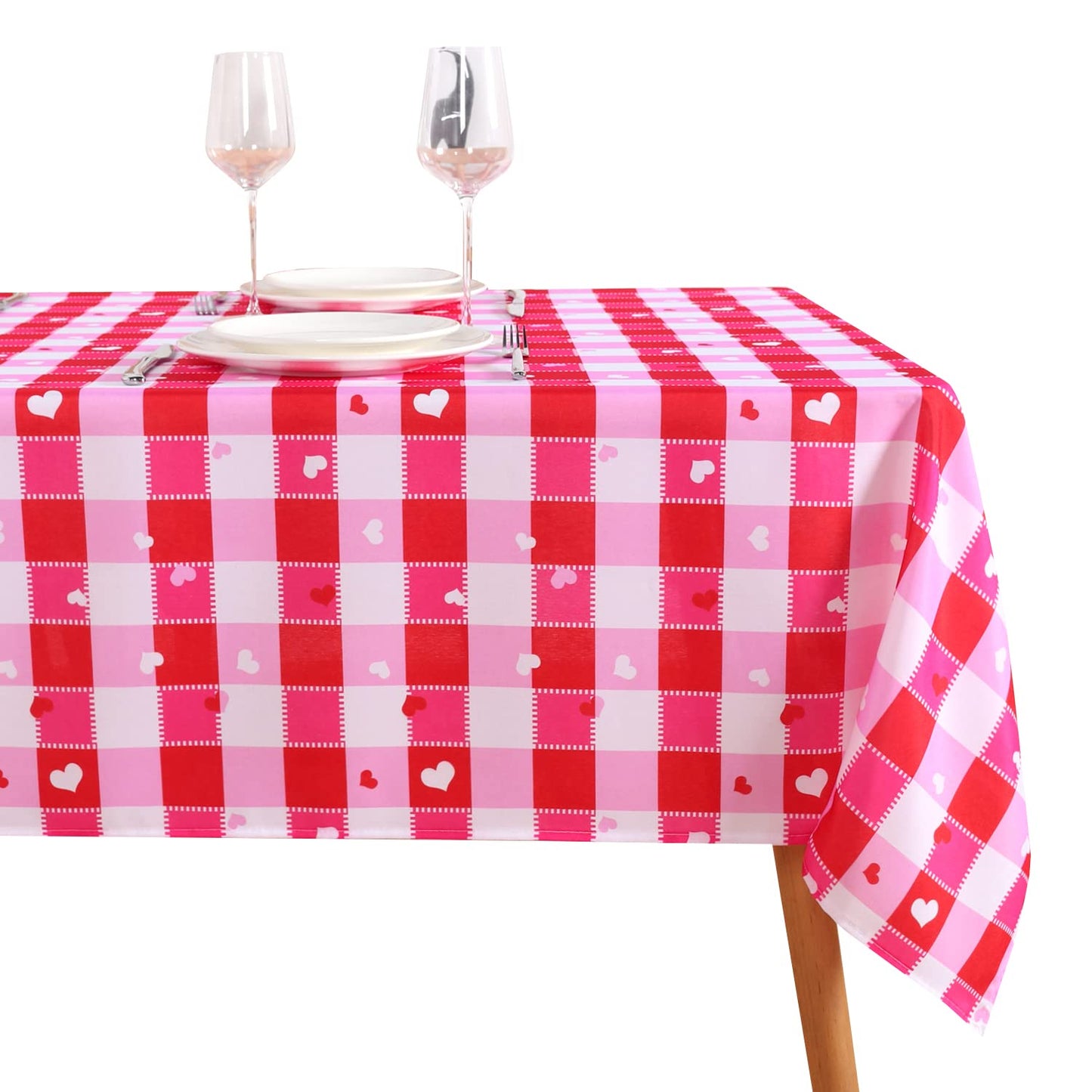 V-Day Checkered Fabric Rectangle Table Cloth- 60 x 84 Inch -Polyester Heart Pattern Tablecloth, Table Cover Protector for Party, Wedding, Valentine Decoration Use, Red & White