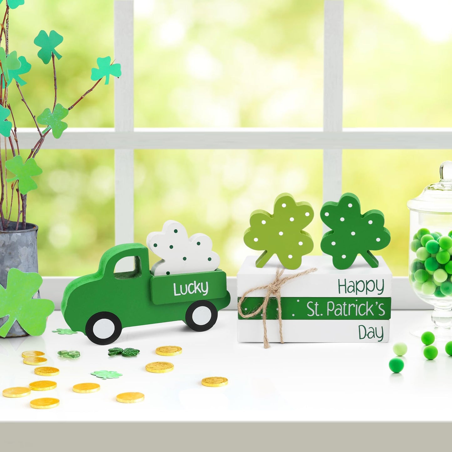 St Patricks Day Decorations, St Patricks Day Decor - Wooden Book Stack & Green Truck & 3 Shamrock Decor for Table, Tiered Tray, Office Desk, Mantel, Saint Patricks Day Decorations for Home
