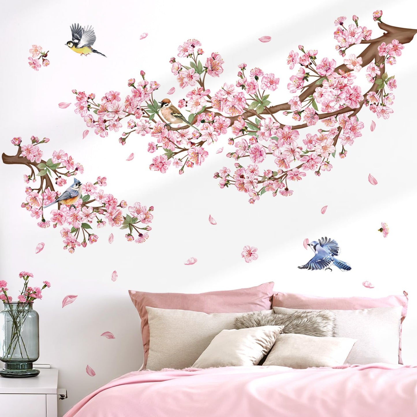 decalmile Cherry Blossom Branch Wall Decals Pink Floral Birds Wall Stickers Bedroom Living Room Sofa TV Background Wall Decor