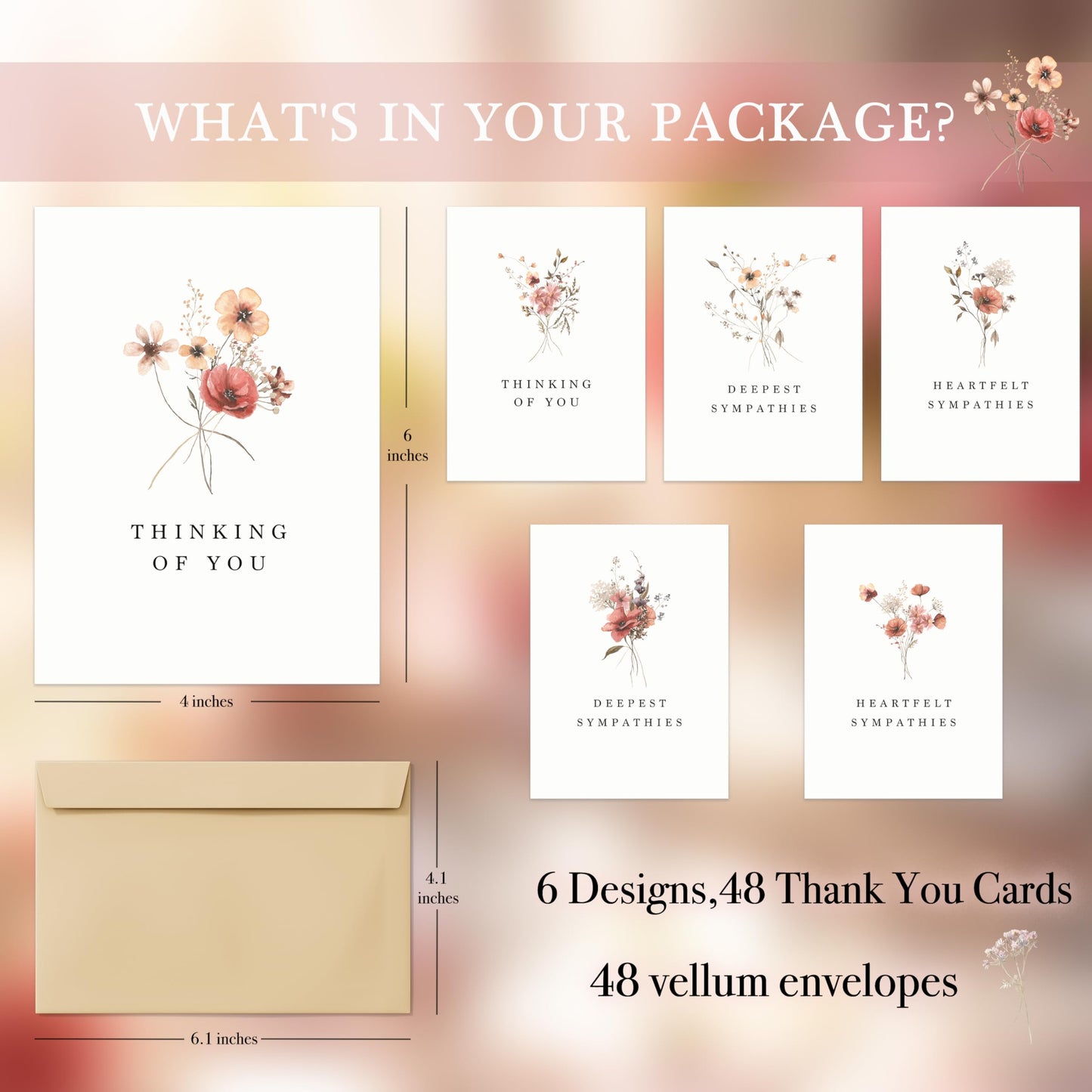 Sympathy Cards with Envelopes,Sympathy Cards Set of 48,Condolence Card with Matching Peel-and-Seal Rustic Envelopes,Each Card Comes with Heartfelt Condolences
