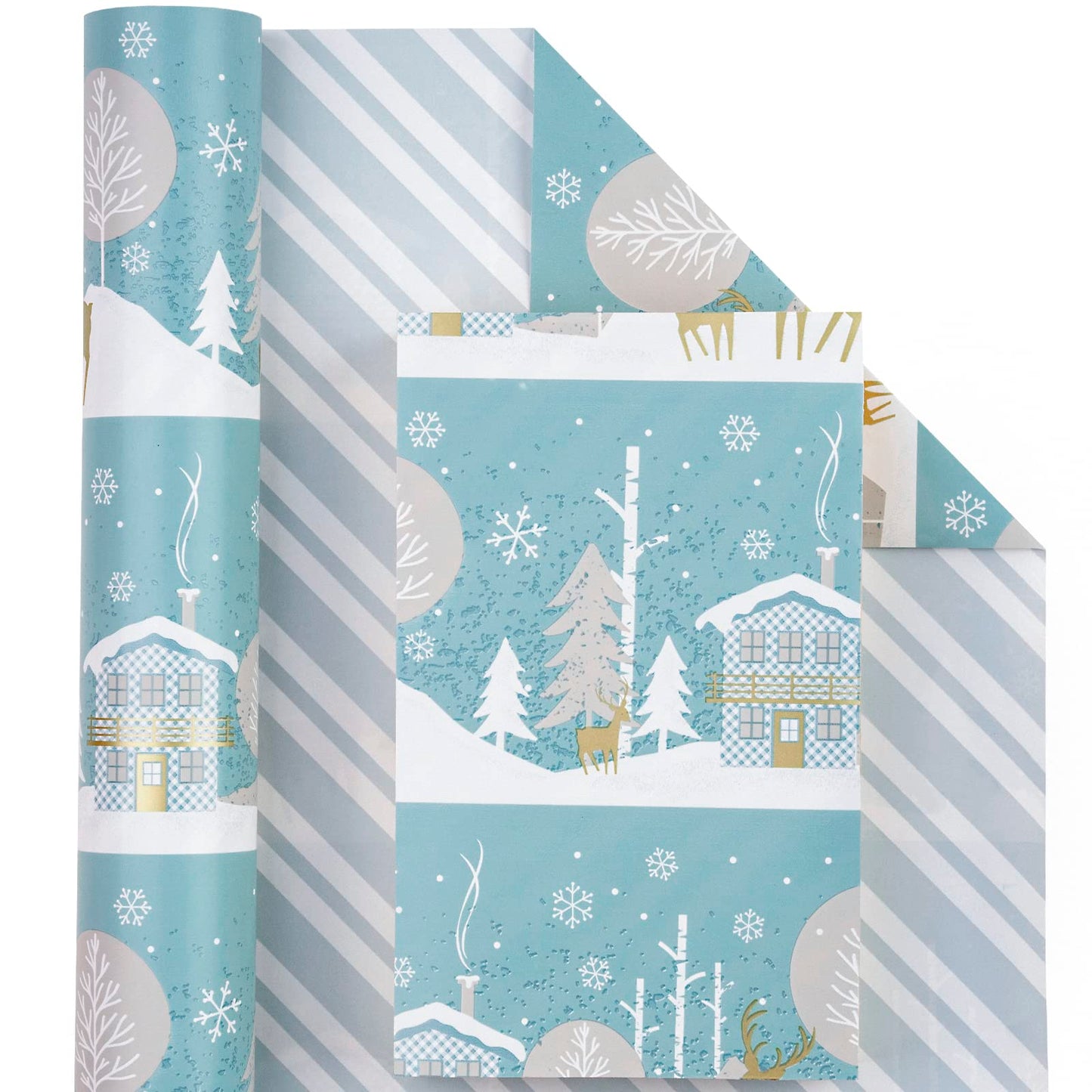 Reversible Christmas Wrapping Paper - Mini Roll - 17 Inch x 33 Feet - Blue and White Reindeer Holiday Landscape and Stripe Design for Christmas, Holiday, Party