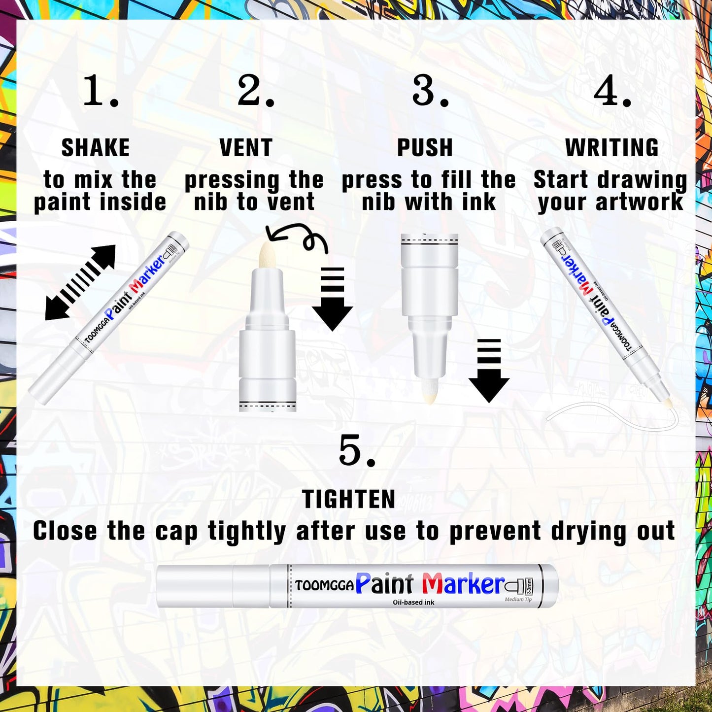 TOOMGGA White and Black Permanent Markers Paint Pens-2 Pack Oil Based Paint Markers, Medium Tip, Quick Drying Paint Pens for Wood, Metal, Rock Painting, Mugs, Fabric, Canvas, Clothes, Plastic Marking
