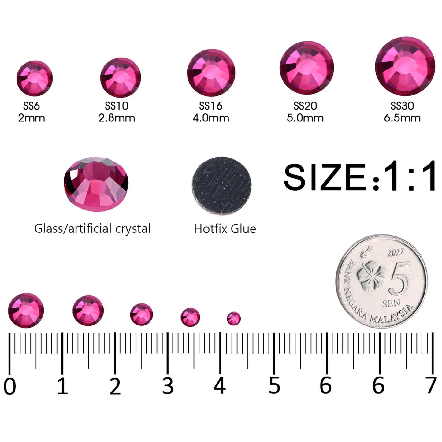 MEIBITE 6796PCS Fuchsia Hotfix Rhinestones Crystal Stones Glass for Fabric Clothes Shirts Sparkly Flat Back Round with Tweezers and Picking Pen (SS6~SS30 Set)
