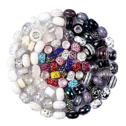 Aipridy Assortment European Large Hole Beads Spacer Beads Rhinestone Craft Beads for DIY Charms Bracelet Jewelry Making (Black-White)