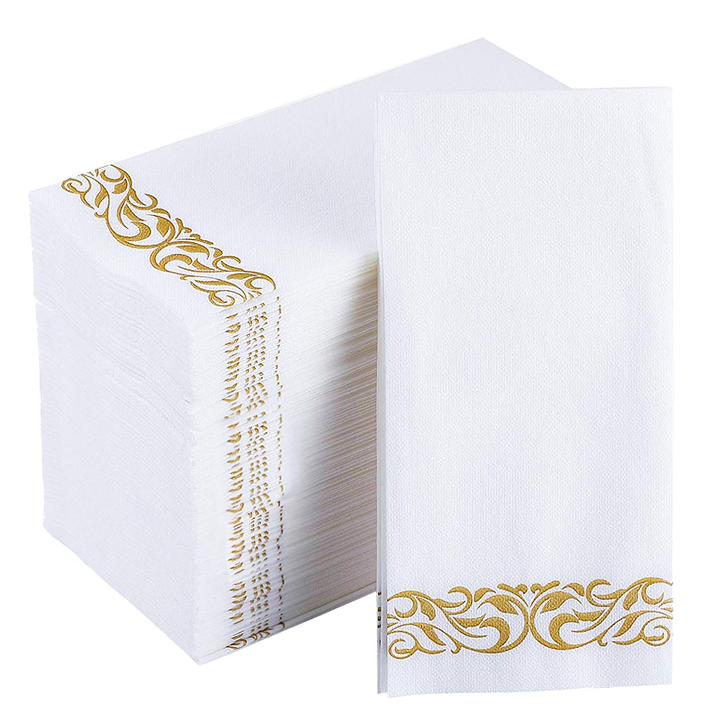 JOLLY CHEF 100 Disposable Hand Towels, Soft and Absorbent Linen Feel Dinner Napkin, Elegant Decorative Paper Guest Towels for Kitchen, Bathroom,Weddings,Parties, Gold and White
