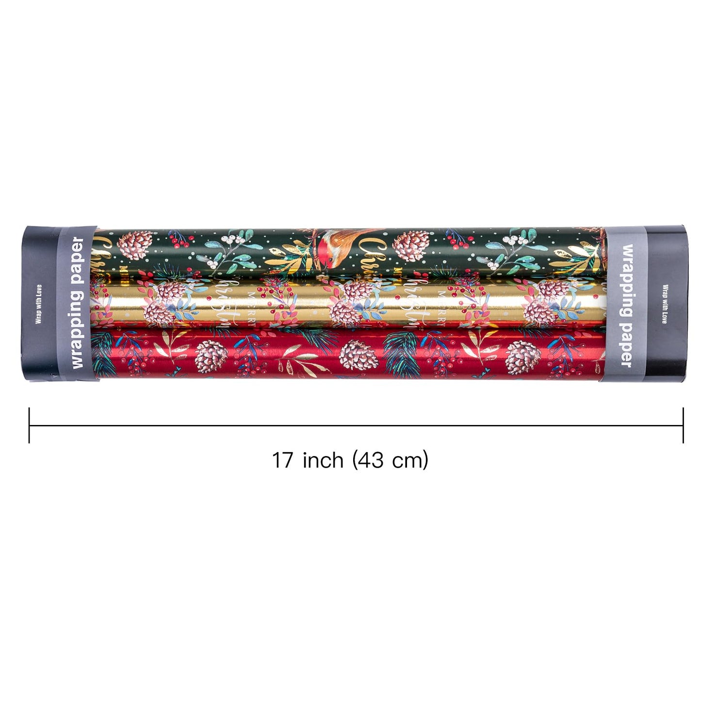Christmas Wrapping Paper Roll - Mini Roll - 3 Rolls - 17 Inch x 120 Inch Per Roll - Bird, Christmas Garland, Holly and Pinecones Holiday Design with Metallic Foil Shine