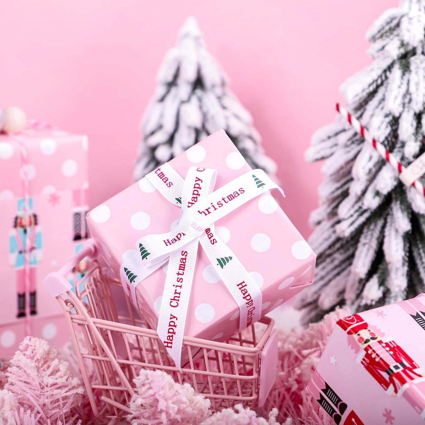 Reversible Christmas Wrapping Paper - Mini Roll - 17 Inch x 33 Feet - Pink Nutcracker Wrapping Paper and Polke Dot Design for Christmas, Holiday, Party Celebration
