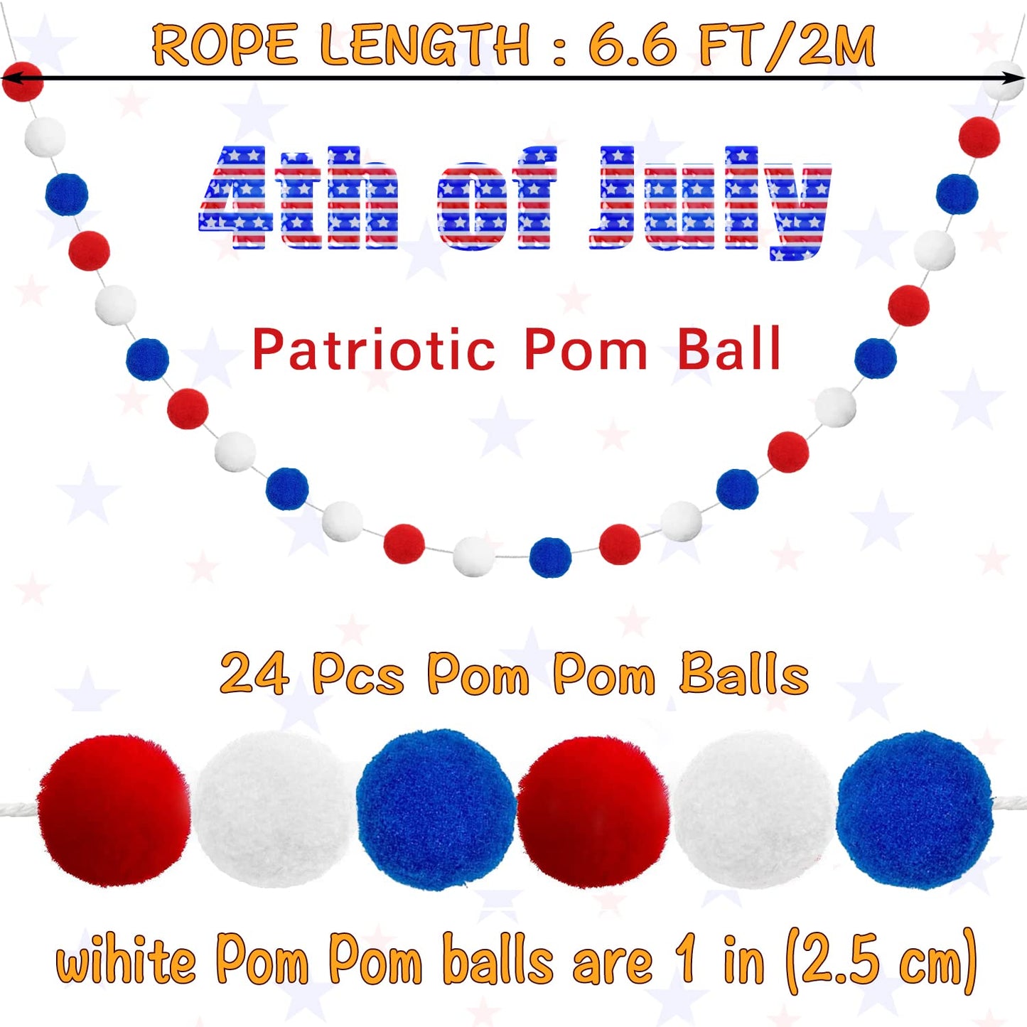 Pom Pom Garland 4th of July Decorations, Patriotic Red White Blue Felt Ball Garland, 3-Pack 6.6ft Long 24 Cute Pompom Balls String, Christmas Tree Decor Ornaments for Home Birthday Holiday Party