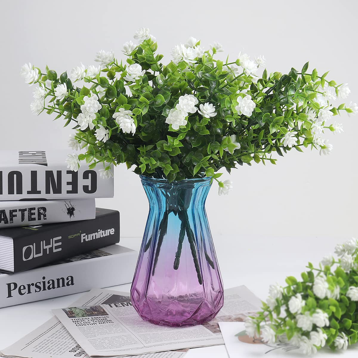 RECUTMS Artificial Flowers, Fake Boxwood Outdoor UV Resistant Plants Artificial Springs Flowers Eucalyptus Greenery Shrubs Bridal Wedding Bouquet for Home Garden Party Wedding Decoration(White)