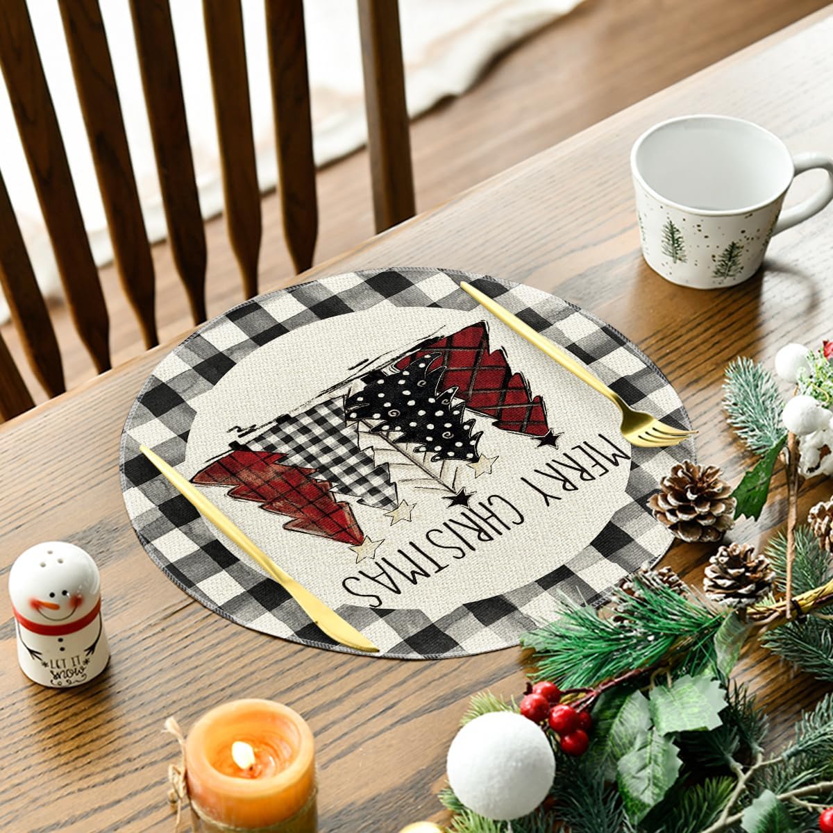 Artoid Mode Waterclor Buffalo Plaid Christmas Trees Merry Xmas Round Placemats Set of 6, 14 Inch Seasonal Winter Round Table Mats for Dining Decoration