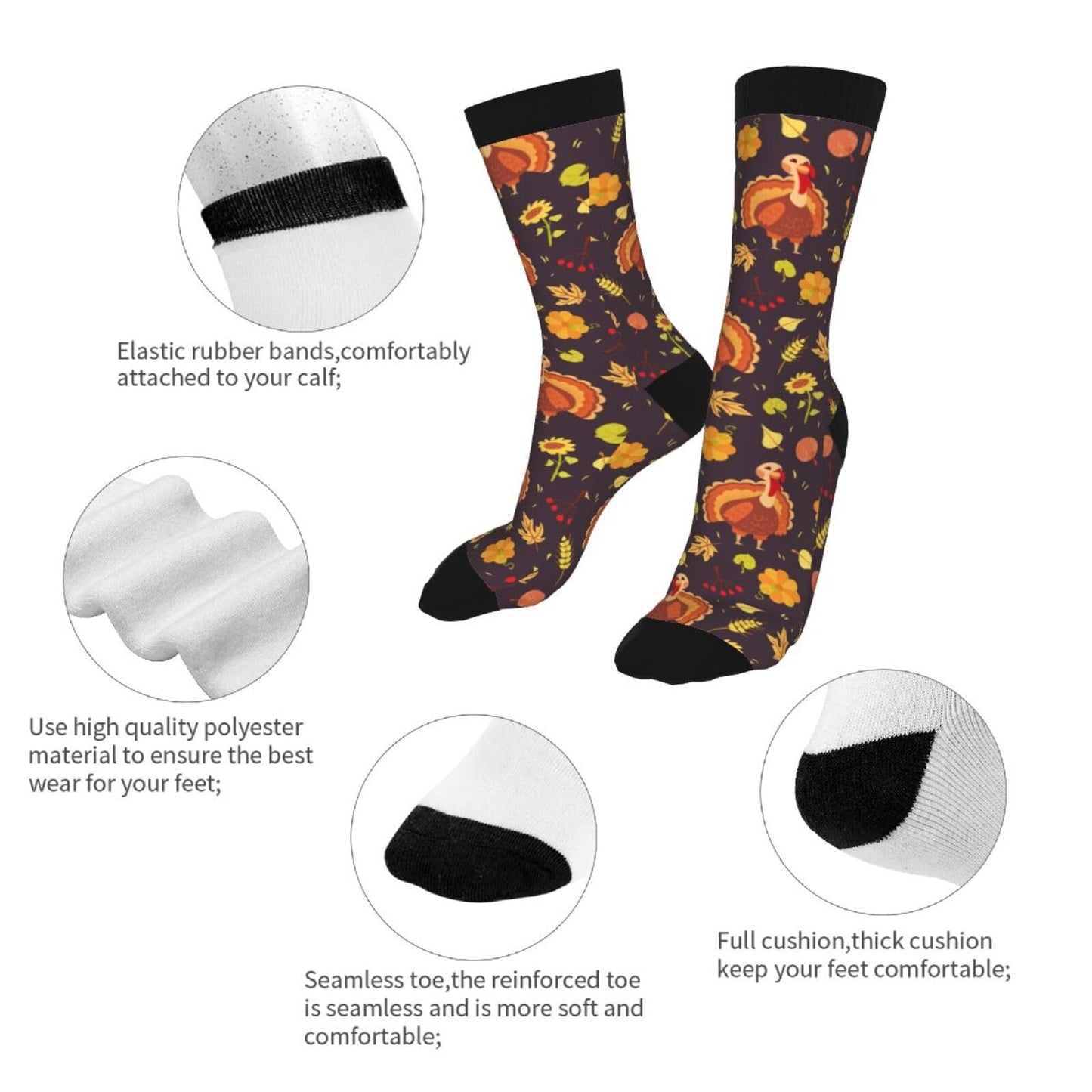 Thanksgiving Day Turkey Bird Fall Autumn Leaves Novelty Fun Crew Socks Fashion Comfortable Men And Women Crazy Dress Socks 16 In