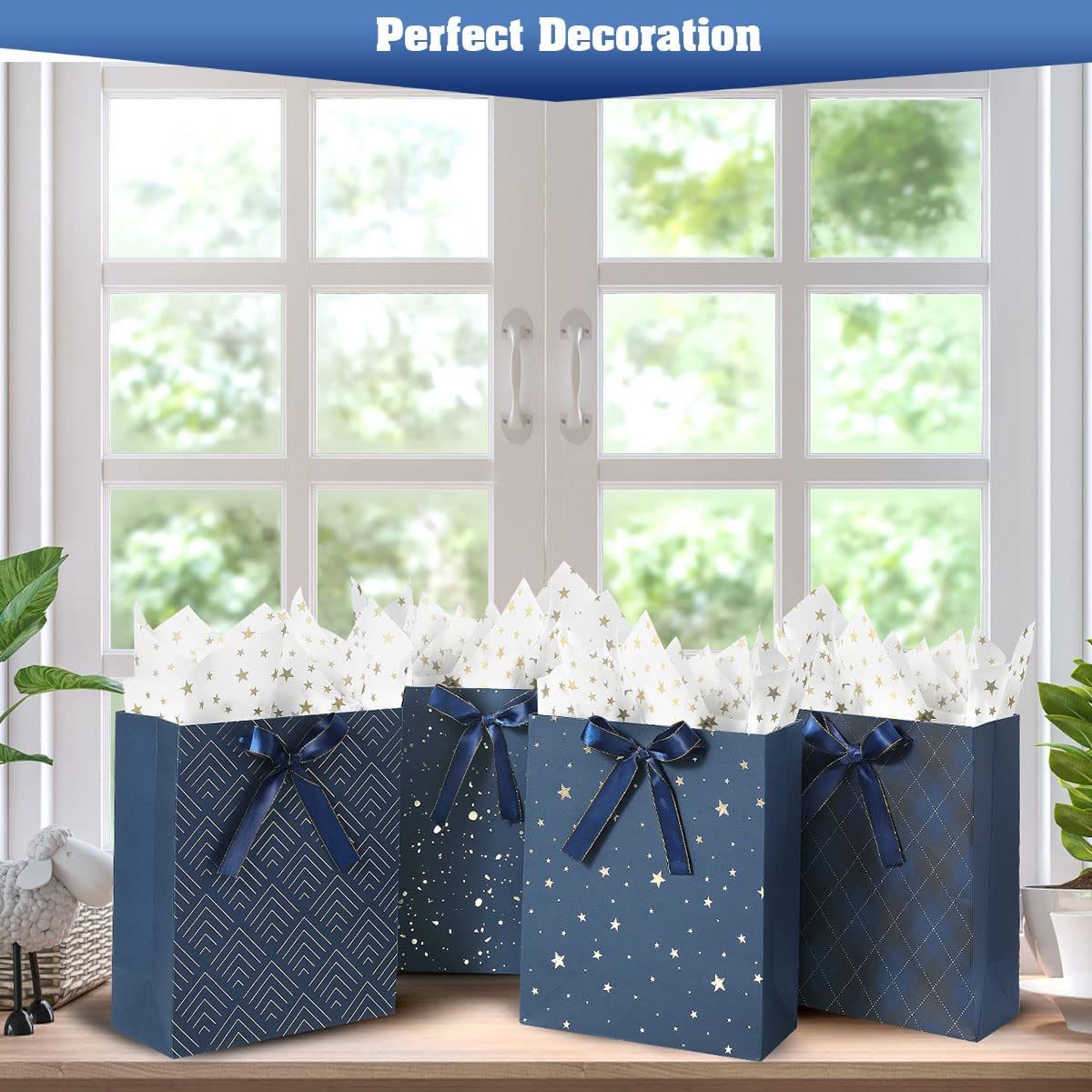 4 Pack 9" Medium Size Gift Bags Assorted Premium Blue Gift Bags with Tissue Paper Use for Birthdays, Baby Shower,weddings,Party Favor, Holiday Presents-7" X 4" X 9"