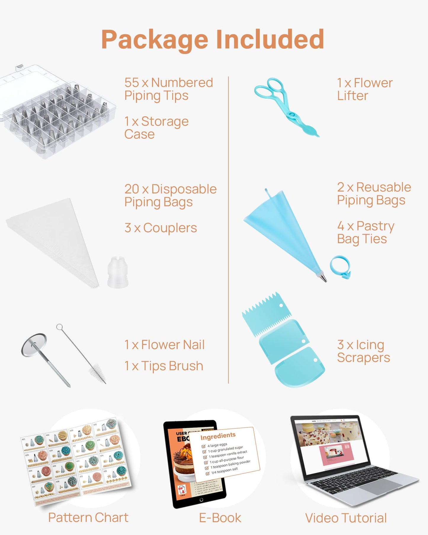 Kootek 90 PCs Piping Bags and Tips Set, Cake Decorating Supplies Kit with 55 Numbered Icing Piping Tips, 20+2 Pastry Bags for Cake Cupcake, Frosting Piping Kit with Booklet and eBook