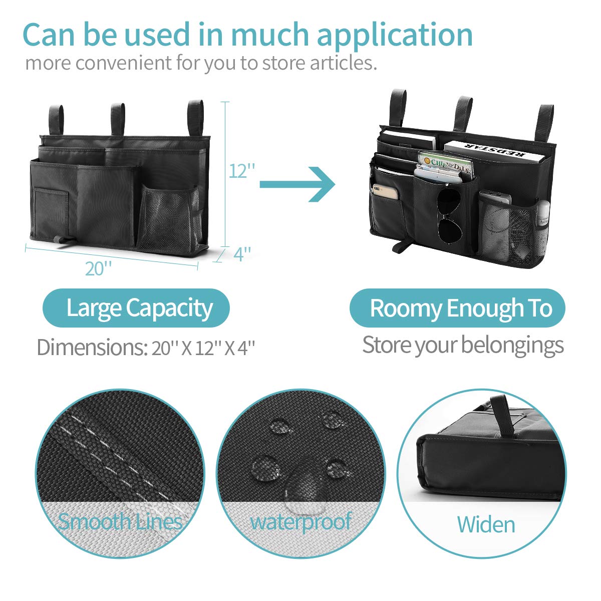 Bseash Bunk Bed Organizer, Bedside Caddy Hanging Bed Organizer Storage Bag 8 Pockets, for College Dorm Rooms Bed, Hospital Bed, Baby Bed Rails, 600D Oxford Cloth