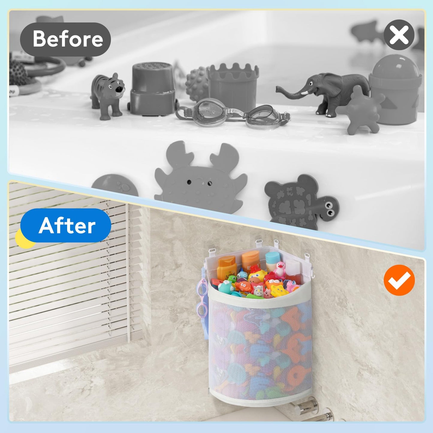 Bath Toy Storage Holder, Mesh Shower Caddy for Bathtub Toy Organizer, Corner Hang-Suspension Shower Toy Holder, Bath Toy Basket with 4 Adhesive Hooks for Kids, Toddlers, Large, White