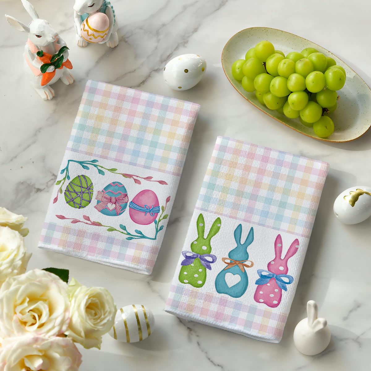 Colorful Stripe Rabbit Bunny Eggs Easter Kitchen Towels Dish Towels, 18x26 Inch Spring Decoration Hand Towels Set of 2