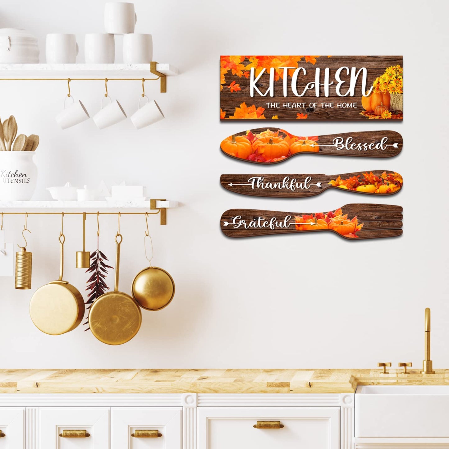 YLOLUL 4 Pieces Fall Pumpkin Kitchen Decor Eat Sign Set Fork and Spoon Wooden Hanging Wall Decor Art Rustic Country Farmhouse Kitchen Maple Fall Wall Art Sign for Dining Room Home