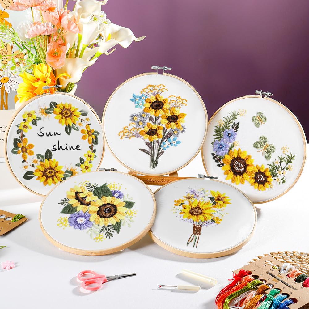 5 Pack embroidery kit for beginners Adults DIY Starter Kit,Sunflower Gifts for Women Cross Stitch Kits with Flower Stamped Patterns, Embroidery Hoop, Tools,Colorful Threads,Hand Craft Lover Gift