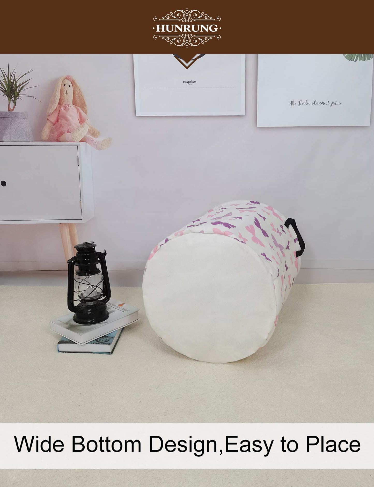 Laundry Hamper,Large Canvas Fabric Lightweight Storage Basket Toy Organizer Dirty Clothes Collapsible Waterproof for College Dorms（Round-Butterfly）