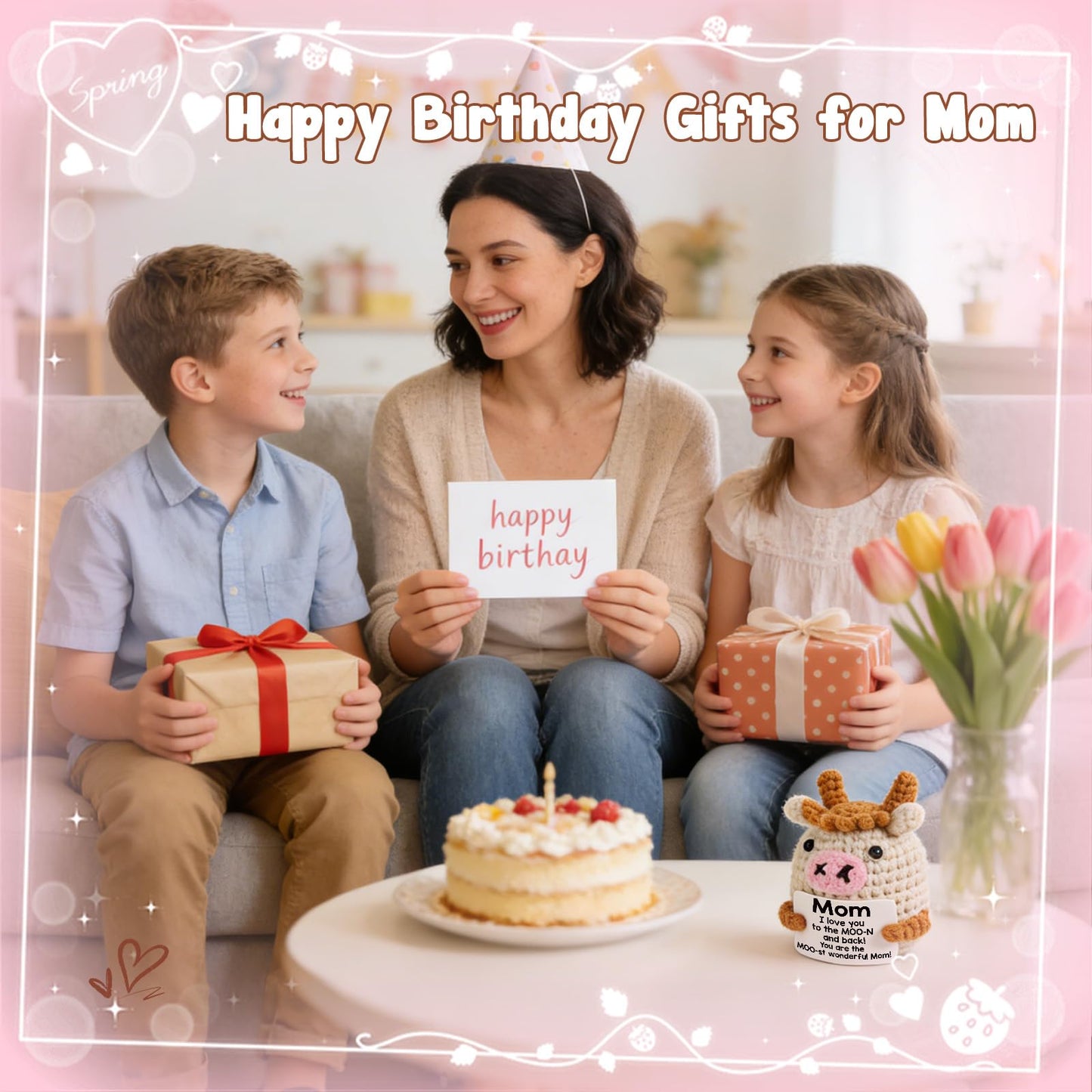 YUEYUQIU Mini Birthday Gifts for Mom from Daughter - Handmade Crochet Cow Moms Gifts for Mother’s Day Mama Mother in Law Bonus Step Mother Mommy - Funny I Love You Mom Present for Mothers Day
