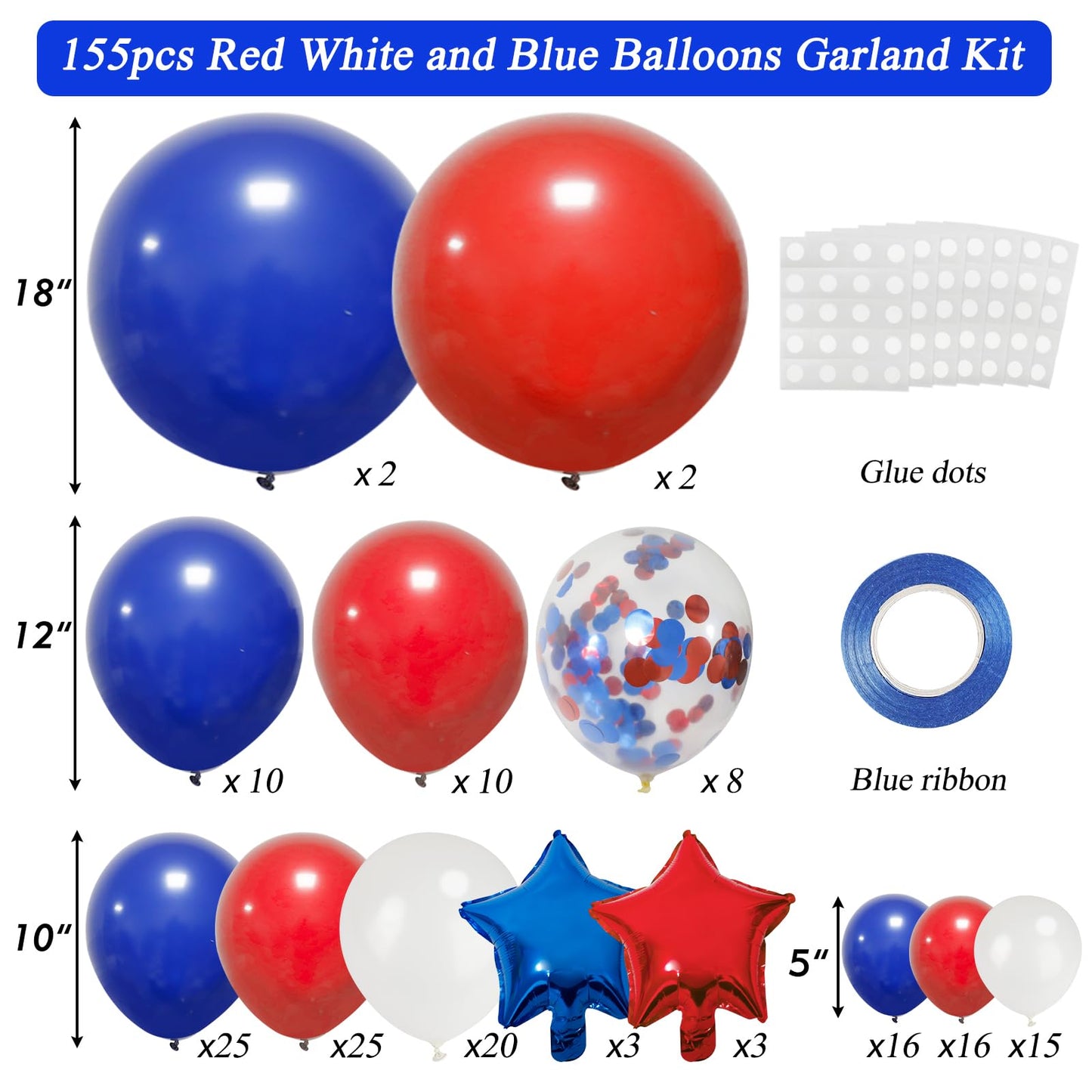 RUBFAC 160pcs Red White and Blue Balloons Garland Arch Kit, 4th of July Balloons Patriotic Decorations, Birthday Wedding Nautical Patriotic Baseball Theme with Star Foil Balloons Decorations