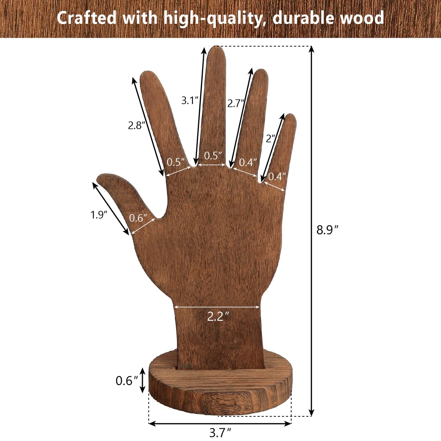 MOOCA 6-Piece Wooden Hand Form Jewelry Display Set - 2-Way Design for Wall Hanging or Standalone Mannequin Finger Hand Display, Brown Color