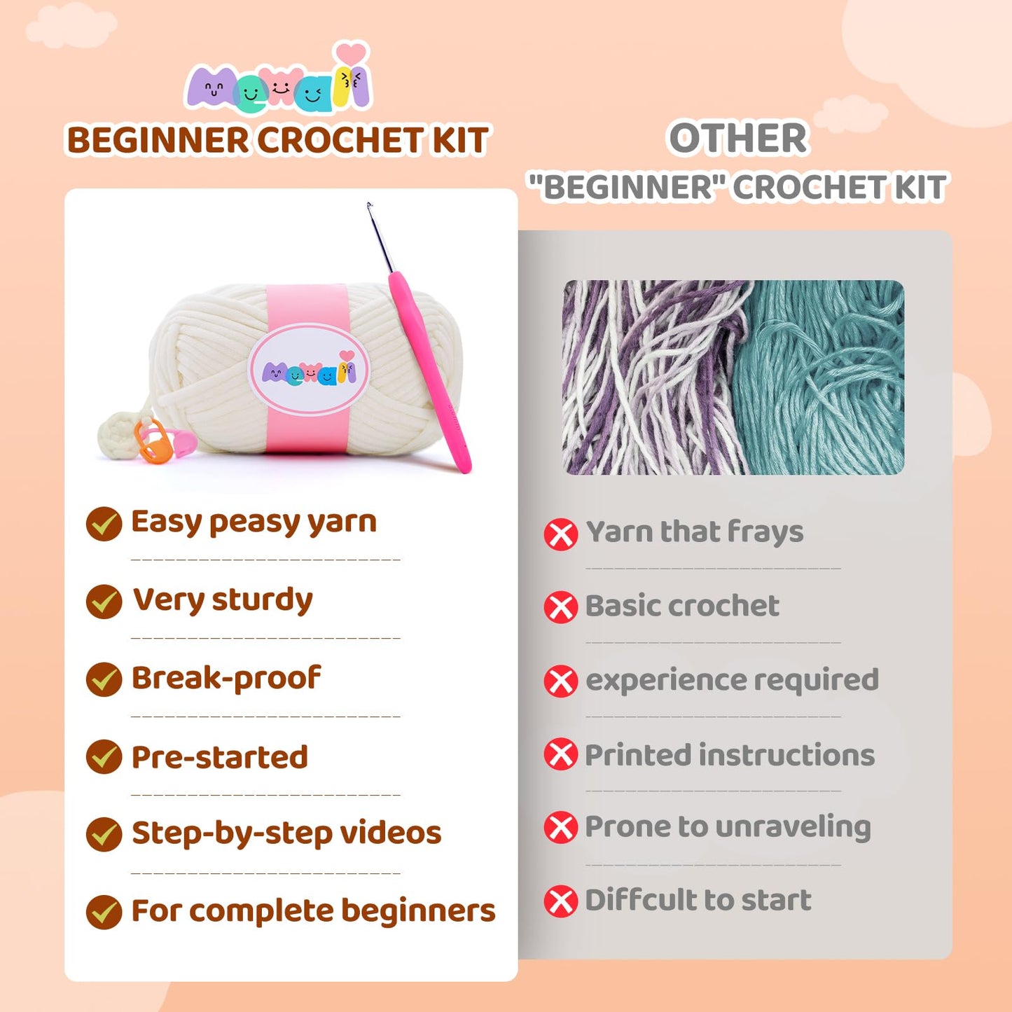 Crochet Kit for Beginners Level 1 with 40% Extra Pre-Started Easy Yarn, Step-by-Step Video Tutorials for Adults and Kids (Boba)