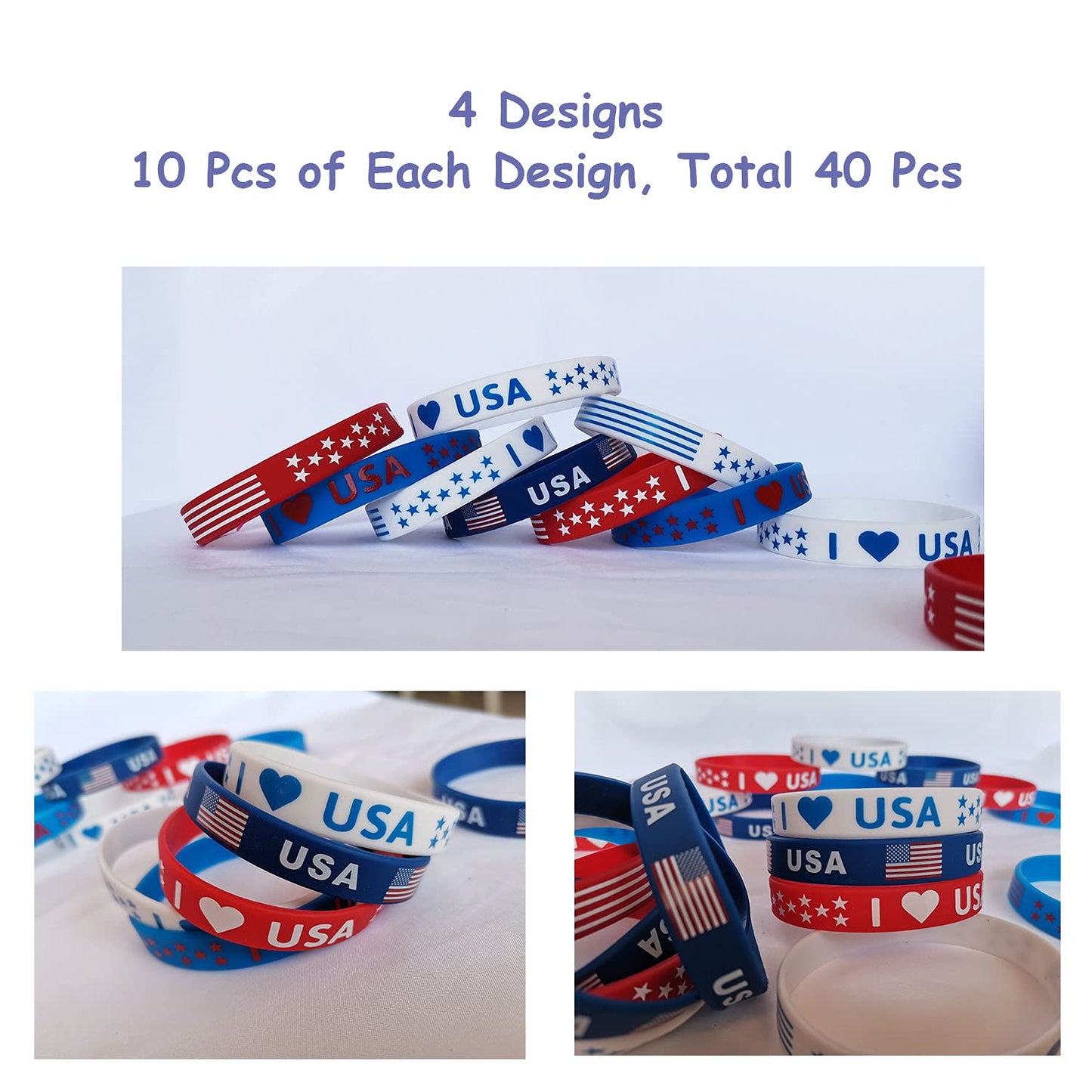 JAKADYUKS American Flag Silicone Bracelet 40Pcs, Fourth 4th of July Patriotic Party Favors, Memorial Day Veterans Day Wristband, USA Red White and Blue Decorations