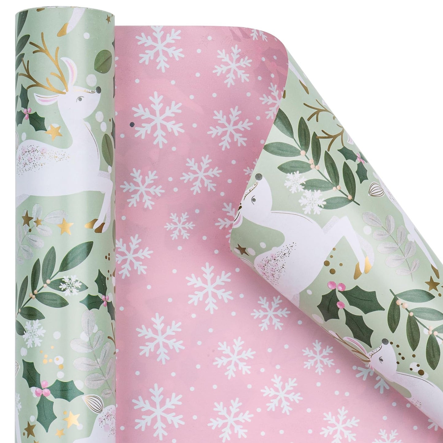 Reversible Wrapping Paper Roll - Mini Roll - Christmas White Reindeer and Snowflake Pattern Great for Christmas, Party, Holiday - 17.5 Inches X 32.8 Feet