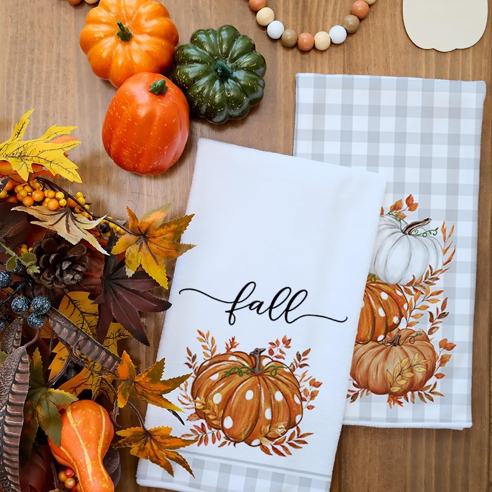 Fall Kitchen Towels Set of 2,Orange Pumpkin Grey Buffalo Check Autumn Dish Towels 18x26 Inch Drying Dishcloth,Farmhouse Home Decoration AD118