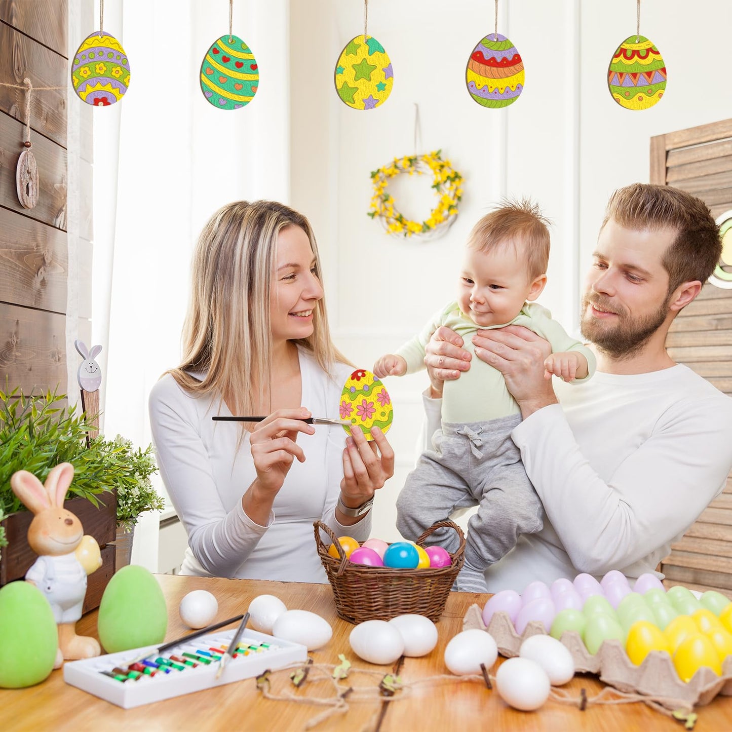 24PCS Wooden Egg Ornaments to Paint Easter Decoration Cutouts Unfinished 8 Different Patterns, DIY Blank Unfinished Wood Discs Ornament for Home Crafts Hanging Spring Decoration 3.5 inches