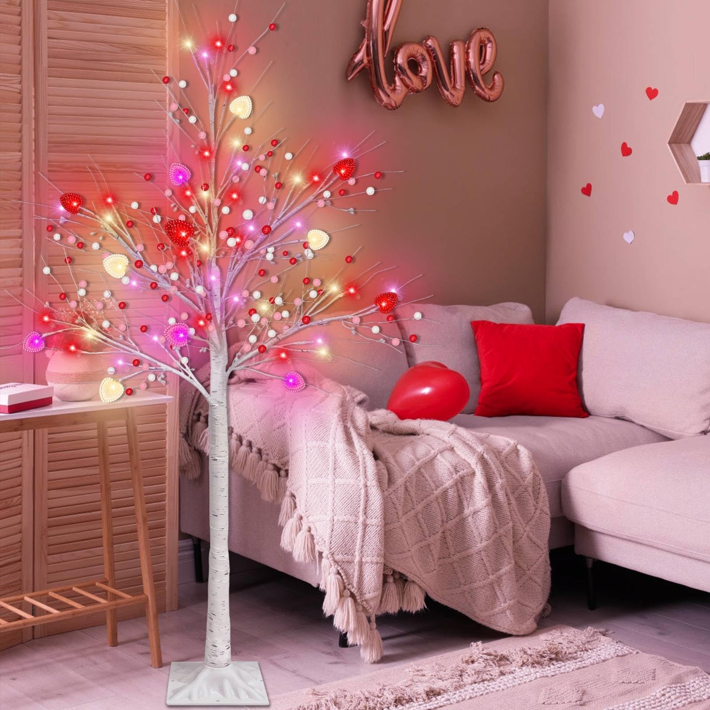 Valentines Day Decor, 4 FT Prelit Lighted Valentines Tree with 3D Hearts&Berries Ornaments 48 Led Red Pink Lights, Outdoor Waterproof Artificial Birches Tree for Valentines Day Decorations Indoor Home