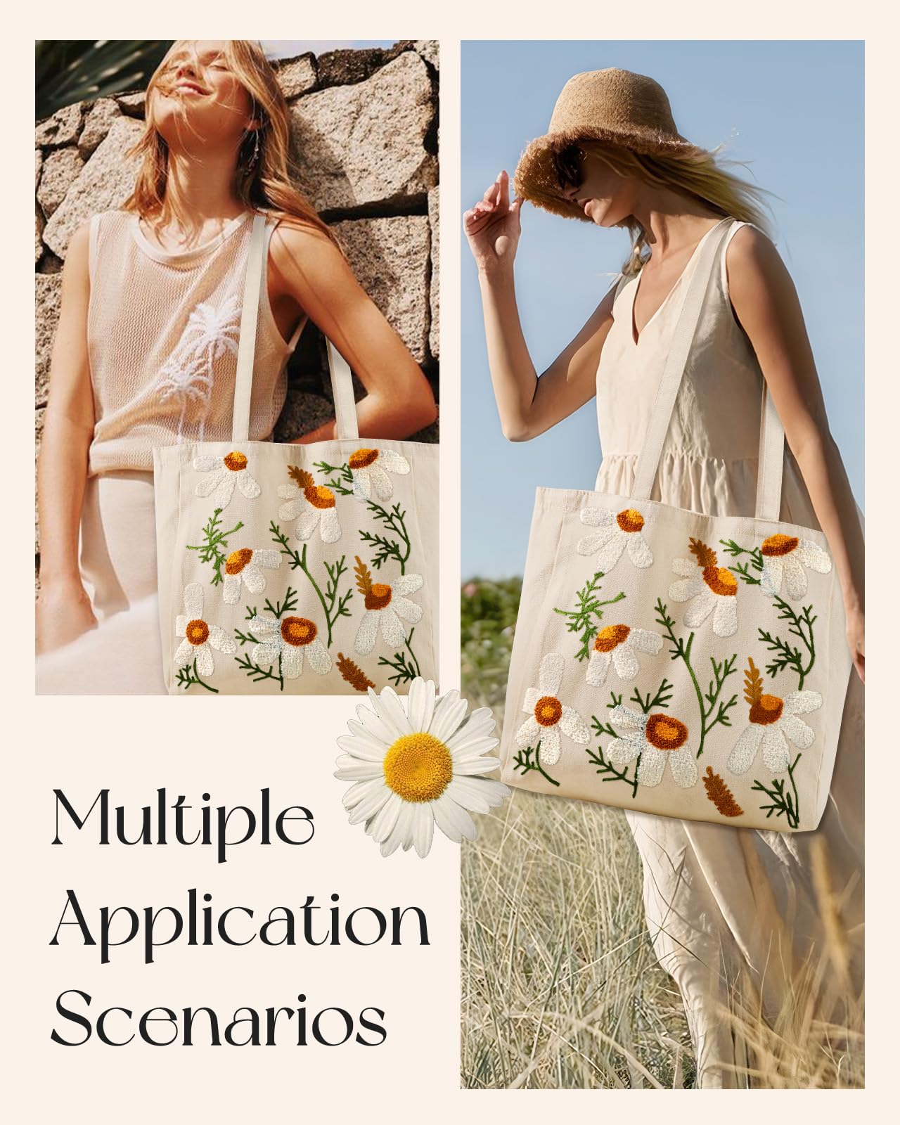 Miss Adola Aesthetic Embroidery Tote Bag for Women - Reusable Canvas Cloth Shoulder Bag with Cute 3d Full Daisy Embroidered Designer Shopping Bag for Grocery, Work, Book, Vacation