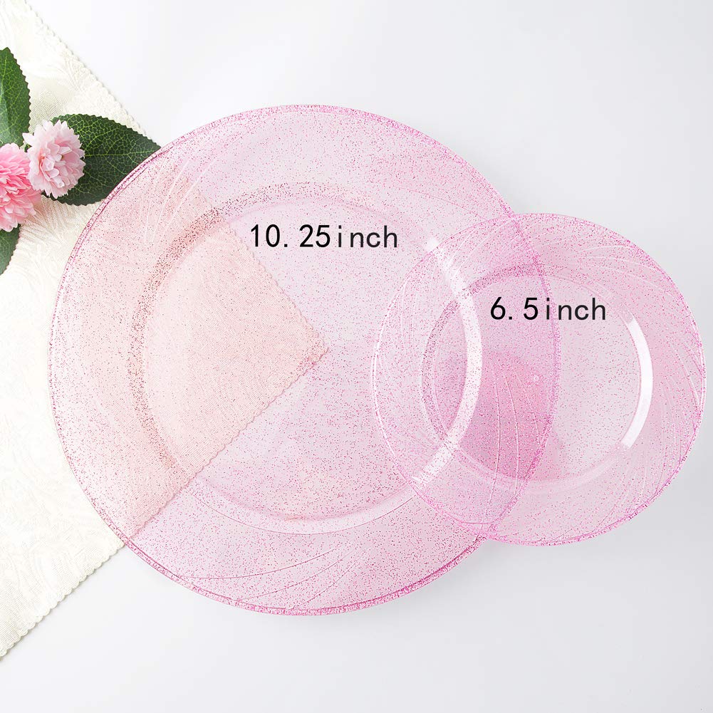 WDF Rose Gold Pink Plastic Plates with Pink Plastic Silverware include 40 Dinner & Salad Plates, 40Forks, 40 Knives, 40 Spoons for Wedding/Party/Valentine's Day