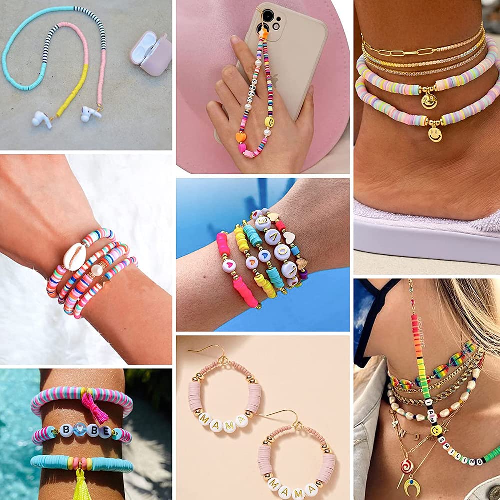 OPPRYN 6000 Pcs 24 Colors 6mm Polymer Clay Beads,Bracelet Making Kit,Preppy Flat Spacer Heishi Beads for Jewelry Making with Smiley Face Beads Letter Beads Pendant Charms kit,Gifts/DIY